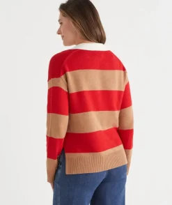 Striped Knit Rugby Polo Jumper - Red